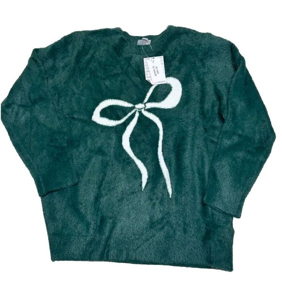 Lularoe Womens Sweater Size XL Berrie Faux Mink Emerald Green Ivory Bow NWT‎ - Picture 1 of 6